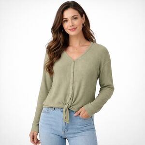 Lovemarks California Women’s Olive Green Ribbed Tie-Front Blouse